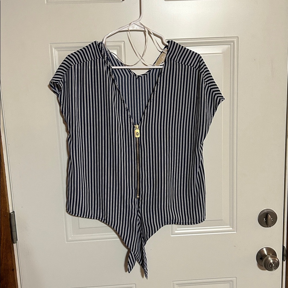 Blue and White Striped Full zip Up Blouse Michael Kors